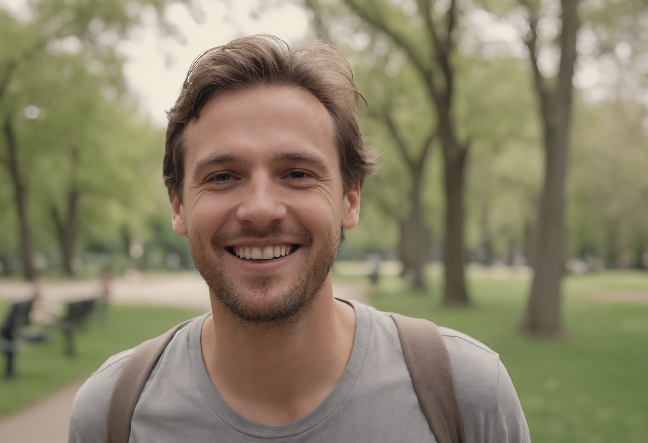 high quality close up dslr snapshot of a happy man walking through a park, high definition film grain photo taken at f/16,...