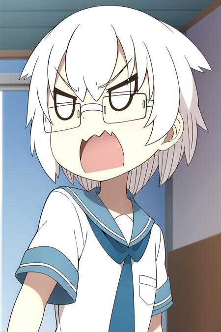 1girl, yamashita, white hair, glasses, serafuku, angry, open mouth, parody, emphasis lines