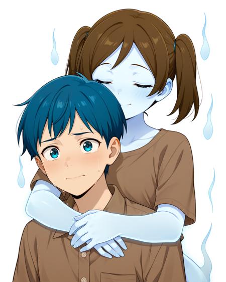 Civitai マンガとかである、幽霊っぽい半透明女性に抱きしめられた泣き顔で決意する少年/ Boy hugged by ghost v1.0