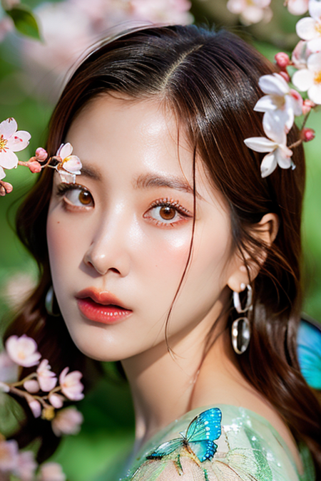 <lora:baifernv1_ghotilafish:1>, 1girl,(alluring fairy, up close,looking at viewer:1.2) 8k, intricate, elegant, highly detailed, green eyes, majestic, digital photography, (masterpiece, sidelighting, finely detailed beautiful green eyes: 1.0), hdr, blurry, blurry foreground, blurry background, branch, cherry blossoms, depth of field, motion blur, photo_background, solo, tree, vibrant details, luxurious, absurdres, incredibly absurdres, (realistic, photo-realistic:1), finely detail, best quality, lace, hyperrealistic, anatomical, elegant, blue butterfly <lora:LoRA-FashionMagCover:0.3>