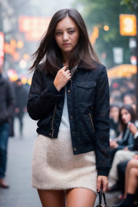 A stunning intricate full color portrait of  a woman,wearing a crowded street, spectators, shy, epic character composition,by ilya kuvshinov, alessio albi, nina masic,sharp focus, natural lighting, subsurface scattering, f2, 35mm, film grain <lora:ShrimaMalati:1>