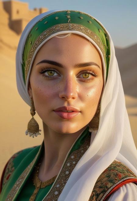 (best quality, masterpiece:1.2), woman, freckles, yellow eyes, white short hair,    solo, (face:1.4), looking up, detailed background, detailed face, (renaissance theme:1.1) middle-eastern desert ruler, green turkic clothes, embroidered fabrics, turban, royal emblems, dynamic pose, smirk, andalusian culture, pond in background, clear skies, sunshine,  fantasy atmosphere,