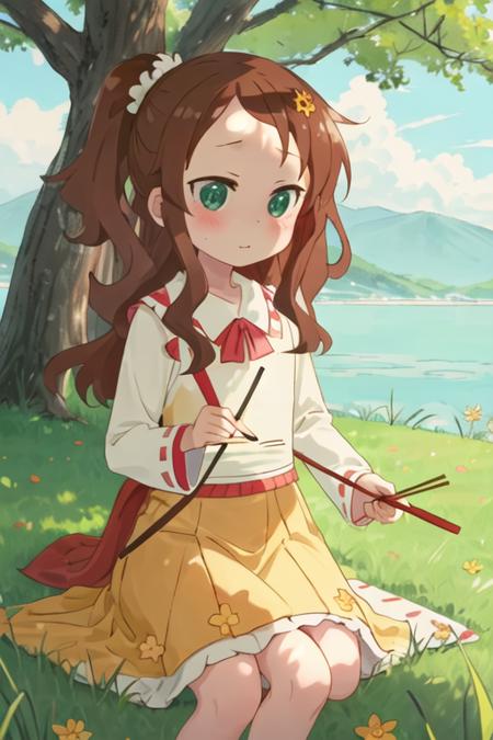 best quality, masterpiece, highres, solo, {riko_saikawa_kobayashisanchinomaidragon:1.15}, brown_hair, blush, long_hair, green_eyes, hair_ornament, flower, hair_flower, 1girl, grass, outdoors, chopsticks, tree