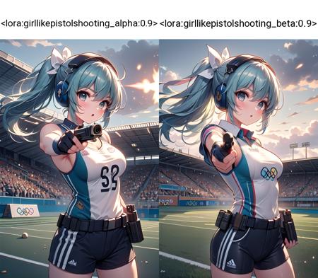 ((pistol shooting)), ((firing range)), (holding air handgun), outstretched arm, muzzle flash, aiming at viewer and target, player uniform, sleeveless, sports shorts, ear defenders, fingerless gloves, olympic games venue, wind, steam, sweat, shadow, 1girl, big tits, standing,