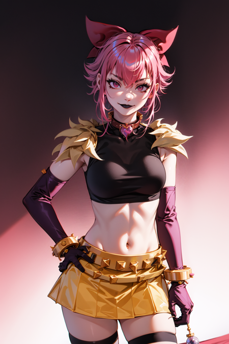 melodieBS, 1girl, pink hair, short hair, hair bow, black lips, jewelry, black crop top, navel, miniskirt, yellow skirt, purple gloves, elbow gloves, spiked bracelet, black thighhighs, pink boots