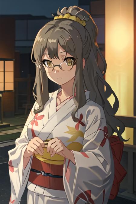 best quality, masterpiece, highres, solo, {yukata:1.40}, {kimono:1.20}, {futaba_rio_seishunbutayarou:1.15}, long_hair, brown_hair, brown_eyes, glasses, necktie