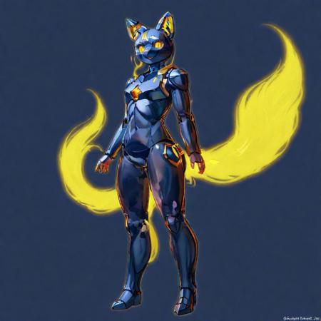 solo, smile, animal ears, tail, full body, yellow eyes, ass, cat ears, no humans, glowing, digital background, fire tail, robot, glowing eyes, joints, humanoid robot