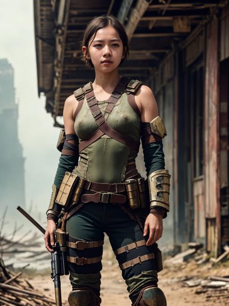 a young_woman, detailed, postapocalyptic armor, (in battle, war), short hair, (((full body:1.3))), Photorealistic, Hyperrealistic, Hyperdetailed, analog style, detailed skin, matte skin, soft lighting, subsurface scattering, realistic, heavy shadow, masterpiece, best quality, ultra realistic, 8k, golden ratio, Intricate, High Detail, film photography, soft focus, RAW candid cinema, 16mm, color graded portra 400 film, remarkable color, ultra realistic, textured skin, remarkable detailed pupils, realistic dull skin noise, visible skin detail, skin fuzz, dry skin, shot with cinematic camera