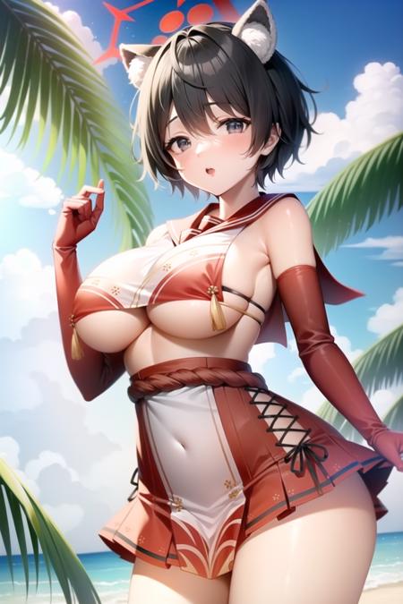 tsubaki (blue archive), 1girl,solo, looking at viewer, short hair, sky, blush, blue sky, open mouth, large breasts, bare shoulders,  water, white socks, raccoon ears, outdoors, black eyes, elbow gloves, tassel, skirt, bangs, red skirt, animal ears, 1girl, day, beach, cloud,  breast curtain, solo,  red gloves, black hair, underboob, red halo,red sailor collar, thighs, raccoon ear <lora:tsubaki-10:0.7>