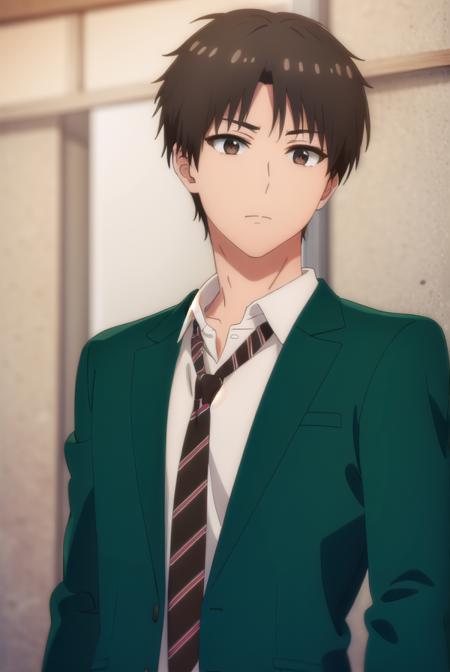 junichiroukubota, <lora:junichirou kubota s1-lora-nochekaiser:1>,
junichirou kubota, short hair, bangs, brown hair, (brown eyes:1.5), male focus,
BREAK shirt, long sleeves, school uniform, jacket, white shirt, open clothes, necktie, collared shirt, pants, open jacket, black pants, blazer, red necktie, (green jacket:1.5), brown pants,
BREAK indoors, classroom,
BREAK looking at viewer, (cowboy shot:1.5),
BREAK <lyco:GoodHands-beta2:1>, (masterpiece:1.2), best quality, high resolution, unity 8k wallpaper, (illustration:0.8), (beautiful detailed eyes:1.6), extremely detailed face, perfect lighting, extremely detailed CG, (perfect hands, perfect anatomy),