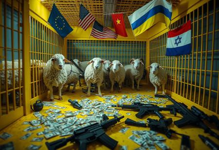 Inside a large, bright yellow cage, a mix of anthropomorphic sheep and humans interact, blending both species’ features in a surreal tableau. The scene is illuminated with cinematic lighting, casting dramatic shadows that enhance the tension. Scattered across the floor are euros and dollars, lying chaotically alongside hand grenades and M16 rifles, creating a symbolic atmosphere. Above the cage, European Union, USA, Ukrainian, Israeli, and Iranian flags wave gently. The image is captured as if through Panavision Himax lenses, adding a rich depth of field that emphasizes the contrast between the lively figures and the ominous presence of weapons and money