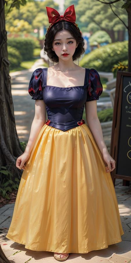 1girl,  realistic,  solo,  snow white , (masterpiece:1.2),  best quality, (sharp_focus),  park,  detailed dress,  yellow skirt, red bow,  snow white, <lora:EMS-50989-EMS:0.600000>, , <lora:EMS-46483-EMS:0.600000>