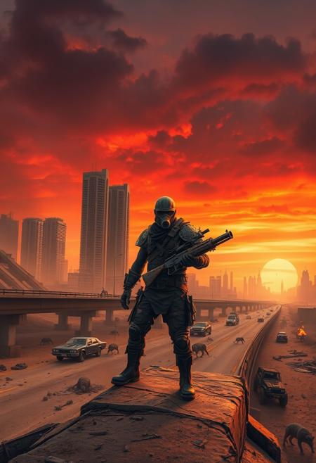 A post-apocalyptic wasteland at dusk, with crumbling skyscrapers in the distance partially buried in sand. The sky is a sickly orange and red, streaked with black clouds, as if the world is on fire. In the foreground, a lone, battle-worn figure stands on a broken highway overpass, wearing tattered armor and a gas mask, holding a makeshift weapon pieced together from scrap metal. Behind them, the remains of abandoned cars and debris litter the landscape, while mutated animals prowl in the shadows. The atmosphere is bleak, filled with dust and smoke, with distant flames and smoldering ruins. The scene captures a world long past collapse, where survival is the only law.
