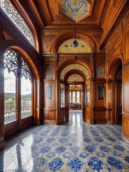 long shot scenic professional photograph of photo of a luxury Art Nouveau room with (ceramic Azulejos tiles) (wooden floor), highly detailed. daylight, sharp focus, depth of field <lora:add_detail:0.86>, RAW photo, full sharp, detailed face (high detailed skin:1.2), 8k uhd, dslr, soft lighting, high quality, film grain, Fujifilm XT3, perfect viewpoint, highly detailed, wide-angle lens, hyper realistic, with dramatic sky, polarizing filter, natural lighting, vivid colors, everything in sharp focus, HDR, UHD, 64K