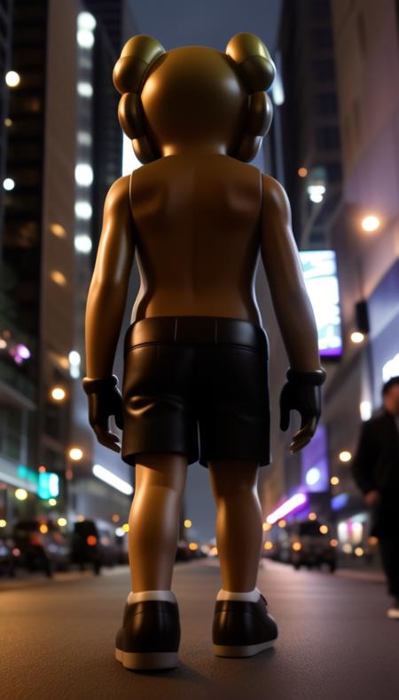 Walking in the city 1man, solo, kaws urban toy at night club party, detailed, realistic, rim light, bokeh <lora:ARWKaws:1>