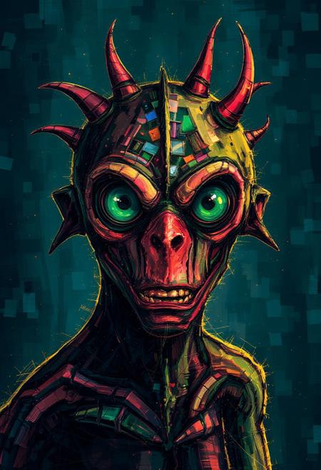 cinna flow, mosaic of a strange friendly alien monster in neon colors, Paul Klee, Howard Finster, hyperrealistic