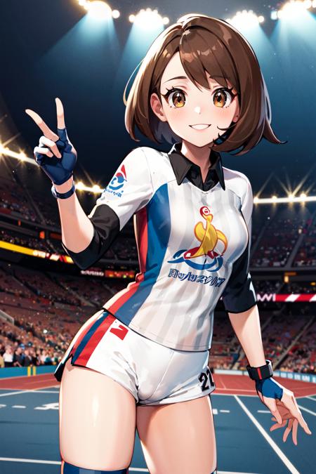 masterpiece, best quality, highres, gloria2, 1girl, solo, brown eyes, brown hair, single glove, gloria \(pokemon\), bangs, collared shirt, white socks, white shorts, short hair, partially fingerless gloves, short shorts, kneehighs, striped shirt, bob cut, print shirt, vertical stripes, eyelashes, <lora:gloria_(pokemon)_v1:0.6>, cowboy shot, stadium, smile