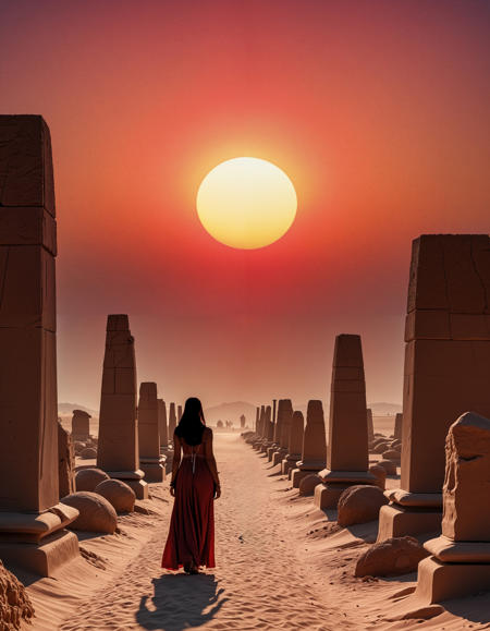 analogue photo of A desert graveyard of sphinxes stands beneath a red sun, and among them walks a priestess cloaked in grief, flanked by skeletal ibises., wlae86, <lora:sdxl_Egyptian_WalkLikeOne:1.0> clear focus, high resolution image,  ,Ancient, egypt, mystical and epic feel,,low light, soft natural light, Rembrandt style light, Hasselblad DLSR camera, 200mm Zeiss lens, f/2.8 ,Sexy pose, erotic pose, exhibitionism,