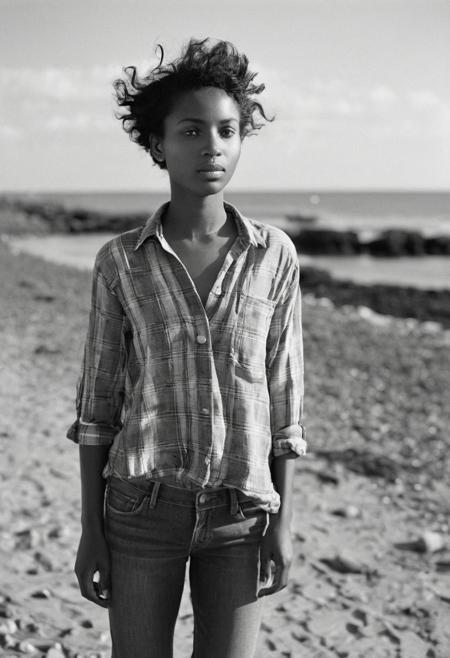 full body shot. flat-chested  Ethiopian woman, face like [Ava Lavinia Gardner::0.6]. magical grey eyes and flowing black hair, short messy black hairstyle. eyes catchlights. (awesome beauty).  (natural tiny saggy breasts). Photograph by Vivian Maier. surprise facial expression, ashamed, textured skin, goosebumps, (wide-open:1.4) flannel shirt with cropped skinny jeans and combat boots, sensually dynamic pose, peaceful walkway seashore beach, bokeh, sharp focus on subject, natural light form early spring at midday, sun hits her face. (visible round small bare breasts). (bumped nipples:1.3). nipslip . shot on ilford HP5 Plus