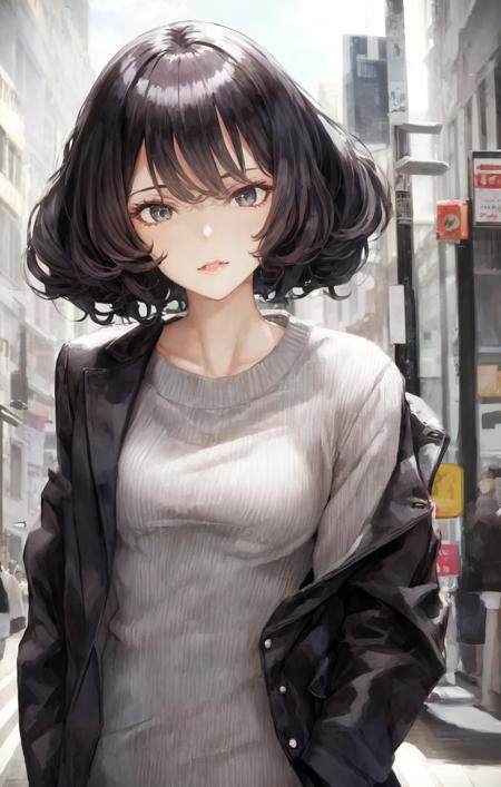 <lora:kaoming-ep2:1>
1girl, mature female,
black hair, curly hair, short hair,
gray eyes,
black trench coat, white sweater, fashion model, gucci, 
hands in pocket, 
busy city street