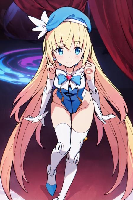 (masterpiece_1.3), (best quality_1.2),arnvalmk2,1girl,solo,looking at viewer,Full body shot,blonde hair,long hair,blue eyes,joints,doll joints,bangs,bare shoulders,smile,multicolored hair,gradient hair,very long hair,V_arms,light pink magical girl brooch wand choker  gloves tighthighs beret <lyco:GoodHands-beta2:0.5>  <lora:arnvalmk2:0.8>