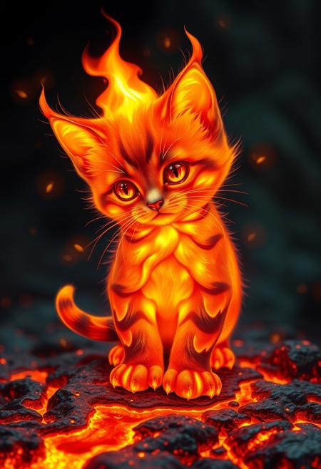 "Adorable kitten crafted from molten lava and swirling hot magma, its fur a mesmerizing dance of fiery tendrils and glowing embers. The kitten's eyes shine like bright, burning coals, and its tiny nose twitches with excitement as it plays with a spark of flame. The lava fur ripples and flows like liquid, with tiny, shimmering waves of heat distortion rising from its surface. The kitten's paws leave trails of glowing, molten footprints as it moves, and its tiny meows seem to be made of crackling flames. Style: vibrant, dynamic, and highly detailed, with an emphasis on capturing the kitten's playful, mischievous personality amidst the fiery, molten chaos of its body."