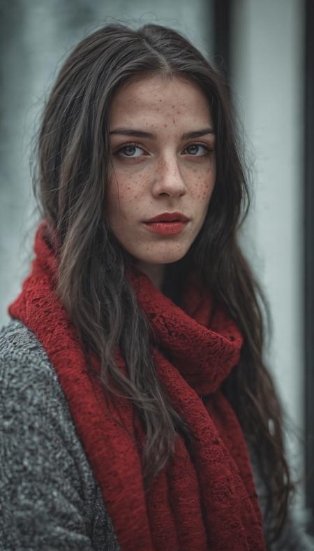 portrait of a beautiful woman, grey eyes, dark long hair, natural skin, pale skin, freckles, red scarf, cold weather, snow at the window, glamour, sexy pose, posing, 32k, UHD, HDR, Masterpiece, aidmamj6.1, aidmafluxpro1.1, 