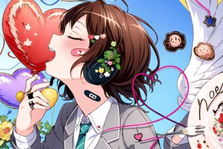 )hazawa tsugumi, brown hair, medium hair,necktie,(grey suit),white shirt, 1girl, solo,
solo, open mouth, hair ornament, closed eyes, flower, heart, food, wings, star (symbol), tattoo, profile, fruit, rose, headphones, ring, bandaid, fork, heart hair ornament, bandaid on face, balloon, bandaid on cheek, heart balloon,