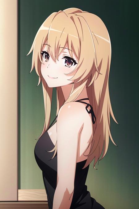 (extremely detailed CG unity 8k wallpaper),(masterpiece),(best quality),(ultra-detailed),(best illustration),(best shadow),(absurdres), <lora:Taiga Aisaka:0.8> Taiga Aisaka, 1girl, solo, long hair, brown hair, brown eyes, medium breasts, black dress, halter top dress, eye shadow, blush, smile, eyes looking to the side, looking away, looking away from viewer, indoors, (detailed background, intricate background:1.1), beautiful