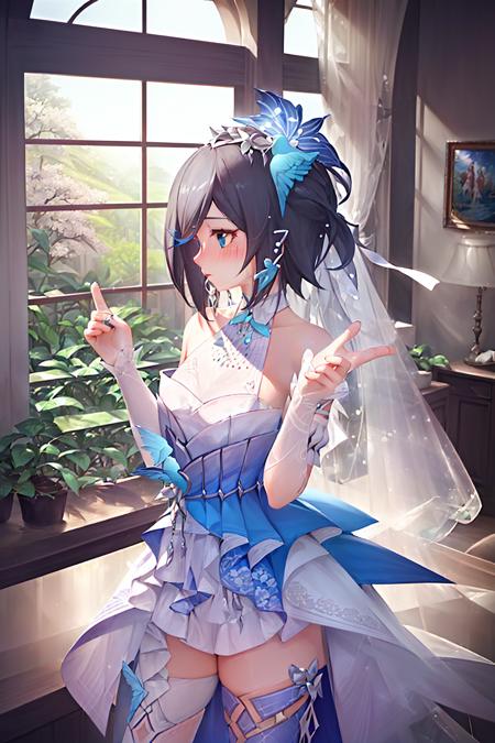 (masterpiece, top quality, best quality, official art, beautiful and aesthetic:1.2),extreme detailed,(fractal art:1.3), 1girl, solo,  <lora:FH_CC_v2.7:0.95> , Fu Hua(CC), wedding dress, hair ornament, asymmetric thighhighs, indoors, cowboy shot, [:(blush:1):7] , [:(face:1.2):13] ,