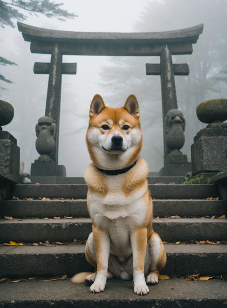 (grey shiba inu:1.3),sitting,(angel wings:1.3),stone stairs,(torii:1.3),fog,japanese,temple,