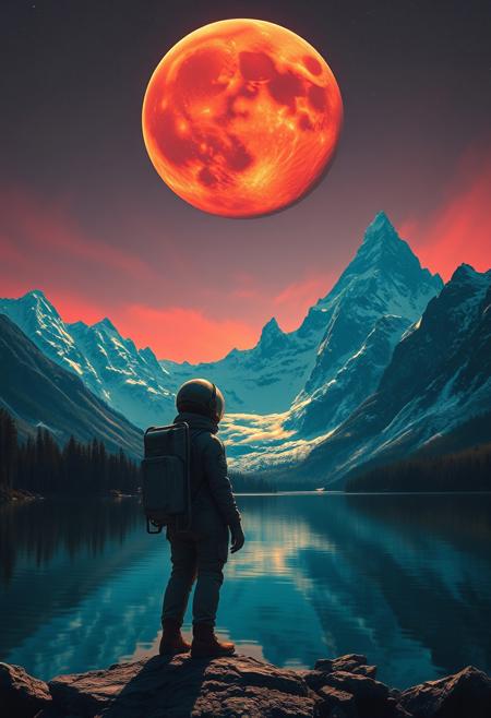A low angle realistic shot of a lonely women astronaut gazing at a serene mountain lake. The massive, crimson jupiter planet hangs low in the sky. The peaks of the snow-capped mountains rise up like jagged teeth, silhouetted against the vibrant sky. The air is thick adding to the otherworldly atmosphere. The piece is inspired by Thomas Cole and features dramatic lighting, vibrant colors, a focus on the moon and mountains, textured water, and a soft focus.