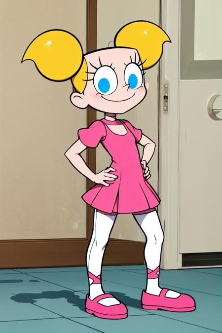 blonde hair, deedee, solo, white legwear, pink dress, twintails, blue eyes, 1girl, short twintails, smile, standing, pink footwear