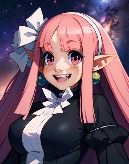 Witch.long pink hair,pointy ears,red eyes , 
smiling, standing, upper body, 
black dress, white ribbon, white hairband,long sleeves,earrings, outer space, fun park, stars,
(insanely detailed, beautiful detailed face, masterpiece, best quality),  <lora:Witch-10v5:0.8>