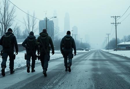 Four survivors in dayz walking down road away from a city with snow. No text. No guns