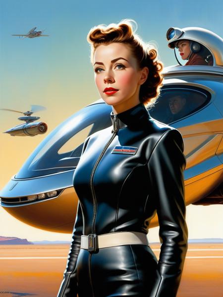 <lora:04Vintageillustration_Hap_XL:1.5>, Norman Rockwell style, Futuristic Sci-Fi, female, pilot, standing beside a hover car, perfectly rendered face, luminous, awe-inspiring scene, sharp focus, dramatic accent lighting, high definition, 16k realism   ,
