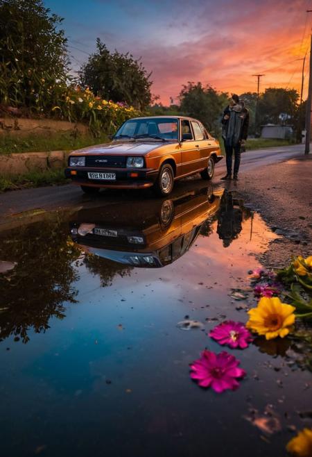 Imagine a wet road reflecting not just the vibrant sunset but also the guy's thoughts and dreams. Picture the guy standing next to his car, with the reflection revealing surreal elements that symbolize his inner world. The colorful flowers, melting clocks, and floating objects create a surrealist dreamscape. Capture the play on perception, with the reflection becoming a visual metaphor for the materialization of thoughts and the exploration of the subconscious. Canon EOS 5D Mark III, 1/160s, f/8, ISO 100.