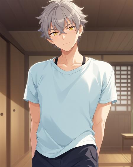 oogami_koga_pony, grey hair, yellow eyes, short hair, fangs, 