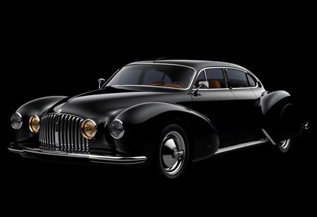 retro-futuristic 4-door coupe, sleek black body, streamlined design with subtle curves, reduced bubble effect, large rounded headlights with integrated LED rings, bold fenders, refined chrome grille with vertical slats, aerodynamic roofline, low and wide stance, smooth doors seamlessly integrated, deep glossy black finish, chrome accents around windows and lights, sculpted rear with modern rounded taillights, jet-age-inspired design, futuristic yet classic, elegant and refined, four-door layout, sophisticated coupe silhouette, ultra-realistic textures, high-resolution, timeless design combining classic elegance with futuristic elements, subtle chrome highlights, powerful yet sleek appearance, (excessive curves:-1.5), (boxy design:-1.6), (supercar influence:-1.6), (flat shapes:-1.6), (over-the-top luxury cues:-1.5)