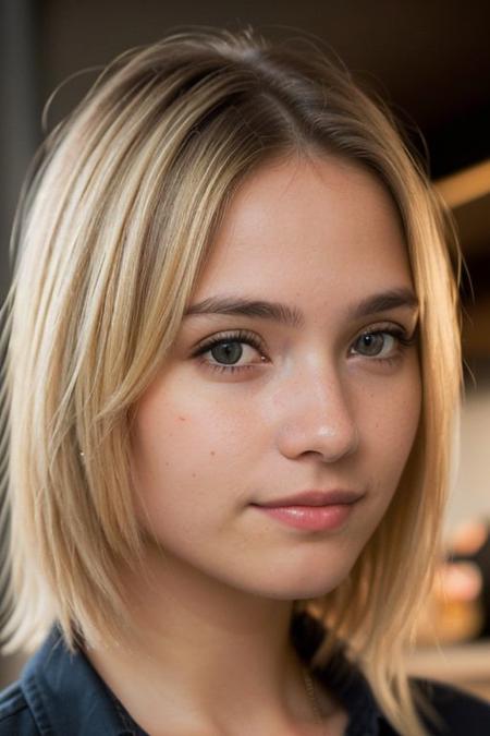 啎䥃佄䔀(1girls, a photo of pretty student girl), age 18, (blonde hair), wearing black shirt, shy, nervous, eye contact, looking at another, indoors, inside a cafe shop, (realistic, photorealistic),upper body,(head and shoulders closeup:1.2), detailed face, detailed skin with visible pores, detailed background, ((best quality, masterpiece)),RAW photo,8k,soft lighting,high quality,sharp focus on subject, portrait profile photo