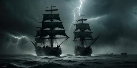 epic picture, ultra detailed illustration, very high quality, 8k, masterpiece, best quality, hyper detailed, (cinematic wide shot) , ultra intricately detailed textures, A dark and eerie ghost pirate ship emerges from the fog, black flag, skull pattern, sun, storm, hurricane, horror, creepy, lightning, (greenish light:1.3)