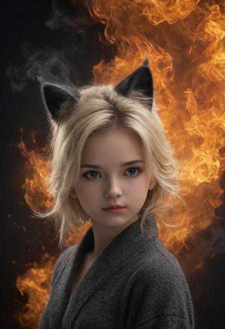 (masterpiece, best quality,hires,high resolution:1.2), extremely detailed, professional photo of (cute cat 1girl with very beauty face:1.2),slow motion, pov,high quality, masterpiece, cinematic,close up,cat ears, realistic, highres, (cinematic dark lighting, cinematic exposition, 4K realistic skin texture), blonde hair, detailed beautiful eyes, (fixed pose, wabstyle, glowing, two-tone hair, robe), (fire:1.2) (mist:1.2), smoke, girl composed of fire light, girl composed of black smoke, fire, 4k skin texture