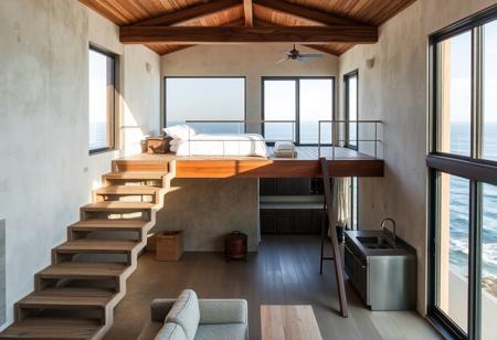 A wabi-sabi inspired single studio interior with the bed on a mezzanine and a public room and kitchen on the ground floor, set against serene seascapes the stairs connect 2 floors. Designed by Dane Taylor Design, the space embraces simplicity, imperfection, and the use of natural materials such as weathered wood, stone, and raw metal. The design celebrates the beauty of asymmetry and the organic aging process of materials, creating a calm, serene atmosphere.
The open-plan layout allows the seascape to influence the interior, with large windows framing the ocean views and natural light enhancing the beauty of the materials. The light casts gentle shadows across the textured surfaces, emphasizing the imperfections that define the wabi-sabi aesthetic. Asymmetry in the architectural elements adds subtle interest without disrupting the minimalist layout, ensuring the space remains uncluttered and peaceful.
Architectural photography captures the harmonious relationship between the interior and the surrounding seascape, focusing on the interplay between the raw, natural materials and the tranquility of the ocean. The seamless transition between the mezzanine bedroom and the ground floor public spaces provides a clear division of function while maintaining a fluid, minimalist design. reflects the wabi-sabi philosophy of simplicity, imperfection, and natural beauty, creating a peaceful retreat connected to the sea.
