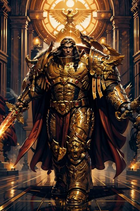 mature adult illustration of emperor of mankind in full armor, golden armor, black hair, very long hair, golden laurel crown, glowing golden eyes, floating hair, wearing intricate ornamented golden armor, tall stature, imposing figure, godlike physique, holding sword, lifting sword, sharp and long claws(weapon),
man:1.2), power armor, epic, reflective metal, gold trimmings, dual wielding, 
fighting_pose, fighting,
<lyco:cosmetic - UnlimitedBladeWorks1.6:0.5> <lora:tool - add_detail:0.5> <lora:tool - Elixir:0.5> <lora:THE EMPEROR OF MANKIND MK1 by CCARAXESS:0.8> <lora:artstyle - SydMead_style:0.5>