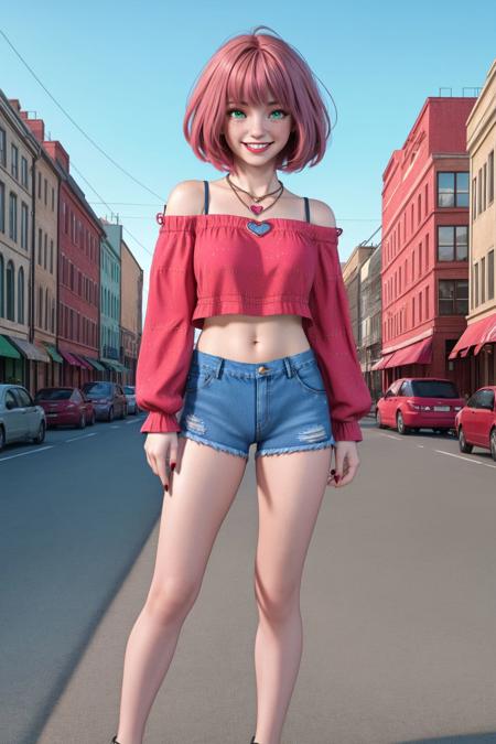 1girl, redhead, pink hair, short hair, heart necklace, freckled, bangs, green eyes, pink lips, red nails, short blue denim short and red top, cutoffs, offshoulder crop top, long sleeves, a heart necklace on her neck, navel, smiling, high quality, masterpiece, 8k, sharp focus, city background, full body visible, 4k, high-res, full body visible
<lora:sienna02:0.5>