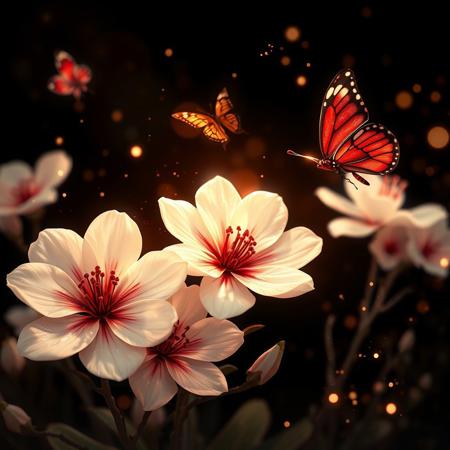 ArsMJStyle, impressionism, Ukiyo-e, A surreal and painterly composition featuring **radiant white flowers** and **dark ethereal butterflies** against a pitch-black background. The flowers exude a sense of purity and holiness. The petals are stained with crimson blood. The butterflies pulse with an otherworldly light, and their wings are traced with intricate patterns.
The atmosphere is enhanced by a dreamy **bokeh effect** that scatters soft glimmers of gold and crimson throughout the composition, creating depth and a sense of quiet wonder. The interplay of **rich white highlights and deep black shadows** evokes an enchanting, almost mystical ambiance. Subtle sparks float in the air, adding a dynamic, surreal quality to the scene.
The overall aesthetic is vivid yet balanced, emphasizing the **contrast between the glowing warmth of the flowers and harshness of the butterflies**. Rendered in **8K ultra-detail**, the textures are hyper-realistic, while the colors glow with an intense vibrancy, embodying an elegant harmony of surreal beauty and luxurious simplicity.