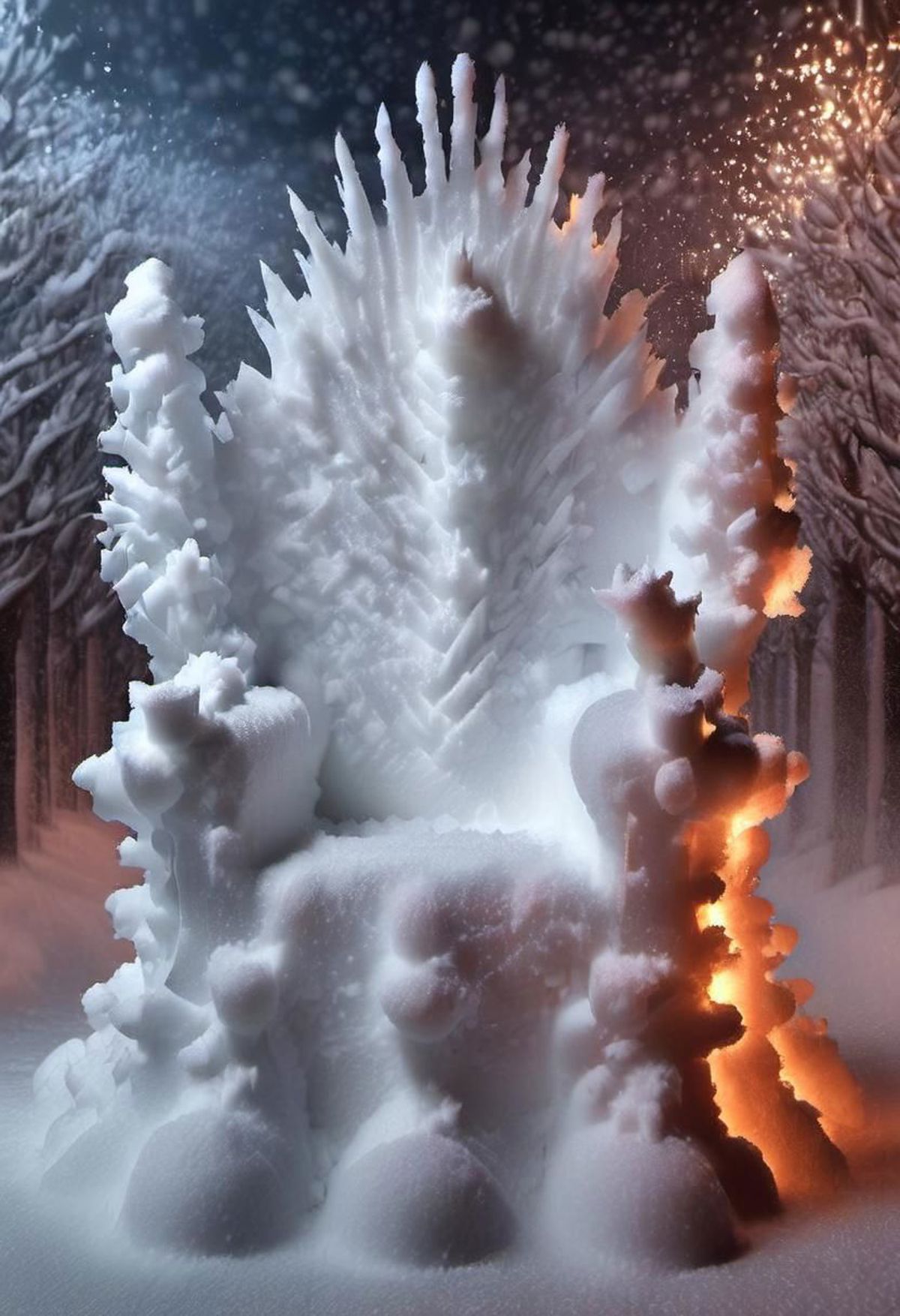A chair covered in snow with a tree in the background.