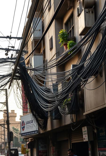 A beautifully composed professional photograph of a street scene in New Delhi, focusing on the mass of cables, power lines, tangled phone wires and cable TV wires. Insane amount of wires, amazing ingenuity, ultra realistic and detailed, banners and advertisements in Hindi, Punjabi mixed with English, buildings are heavily weathered and dirty, pleasing early morning warm sun light highlights the buildings details, balconies growing plants
