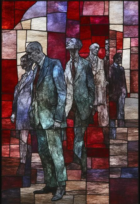 A profoundly unsettling and visually arresting scene depicting a stretched, plump, mature, and contorted hunting party, rendered as a fractured stained-glass Cubist spectacle. The figures, distorted and fragmented, are presented in a full-body view, their forms broken into sharp geometric shapes and reassembled in a disquieting composition. The color palette utilizes jarring contrasts of crimson, sickly greens, and bruised purples, highlighting the unnatural and grotesque nature of the scene. Multiple perspectives are interwoven, showcasing the hunters from various angles, emphasizing their contorted poses and unsettling expressions. Bold black outlines define the fragmented forms, creating a sense of unease and disorientation. Subtle photorealistic textures are interwoven with the fractured geometry, adding a layer of disturbing realism. A soft, unsettling glow emanates from within the stained-glass elements, casting long, distorted shadows. Ultra detailed, 8k resolution, volumetric lighting, octane render, a deeply disturbing and visually unforgettable composition, pushing the boundaries of artistic expression.