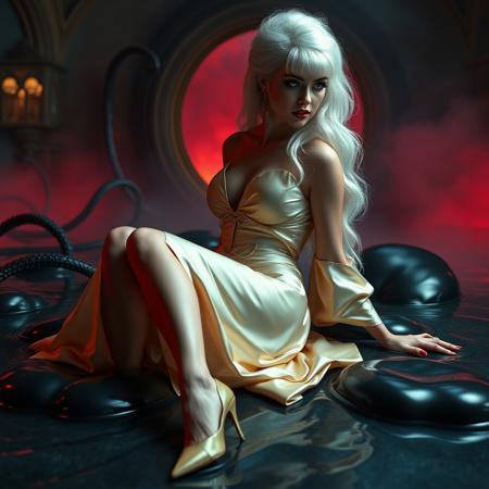 Sexy, sultry, (Female, 1girl):1.3, (glossy foil satin highly detailed georgian gown):1.3, (Huge breasts, big boobs, Large breasts), (firm Round perky breasts:1.2), (posturecollar):1.25, (, slim waist:1.35).  glossy high heels, laying  (knees spread wide apart), orgasm face, red lipstick, red nails,  spreaded at  glossy wet-look  black jelly pillows floating in giant slime pool,  tentacles spreading from  giant  portal to alien space  at background,  makeup, long hairs,  weird evil aliens harem, red fog from the floor,  horror, aliens, sci-fi, space,  Rembrandt Lighting Style, great lighting. At twilight, in victorian mansion sideview Ultra realistic, 8k, uhd, best quality, best resolution, lifelike, white wig, ent over, on all fours, large breasts, big boobs, huge tits, georgian gown,